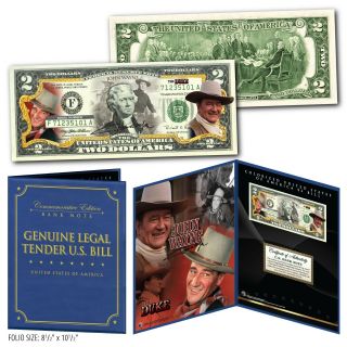 John Wayne The Duke Legal Tender U.  S.  $2 Bill In Large Folio Display