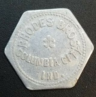 Columbia City,  In Rhodes Bros.  Good For 5 Cents 6 Sided Trade Token Indiana