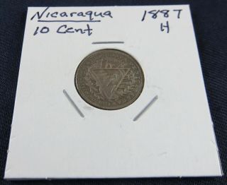 1887 H 10 Centavos Rare Old Nicaragua Silver Coin