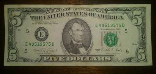 1988 $5 Dollar Bill Series A Federal Reserve Bank Of Richmond E49519575d