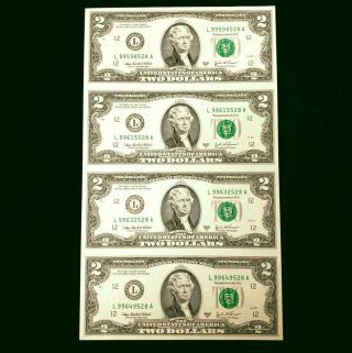 2003 A Us $2 Two Dollar Uncut Sheet Of 4 Federal Reserve Bank Notes Hus029528