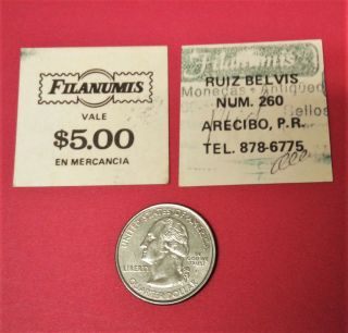$5 Good For Mercancia Filanumis Stamp Coin Arecibo Puerto Rico 1980 Cancelled