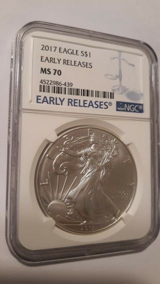 2017 1 Oz American Silver Eagle Ngc Ms70 Early Release Blue Label.  999