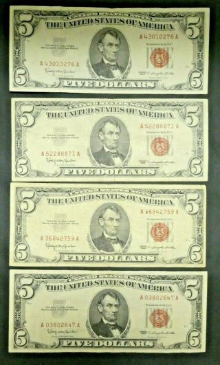 4 Four 1963 $5 United States Note Red Seal Paper Money Currency