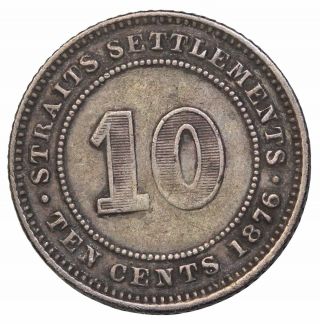 1876 - H Straits Settlements Silver 10 Ten Cents British Queen Victoria KM 11 2