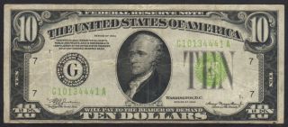 1934 $10 Light Green Seal Frn Chicago District Big G Federal Reserve Note Crisp