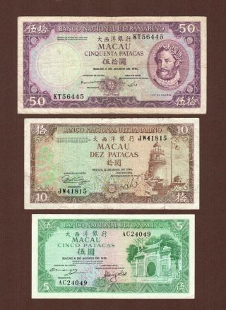 Macau Macao Banknote X3,  P - 60a 50 Patacas,  P - 59 10 Patacas,  P - 58 5 Patacas Vf - Xf