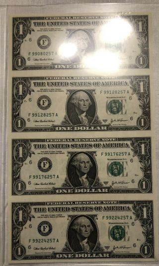 2003 U.  S.  $1 One Dollar Bill Set Of (4) Uncut Sheet,  Currency,  Money
