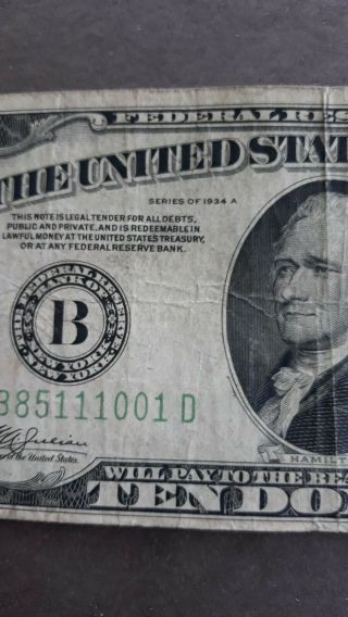 1934 A $10 Federal Reserve Note Ten Dollar Bill 3
