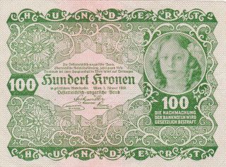 100 Kronen Very Fine Banknote From Austria 1922 Pick - 77
