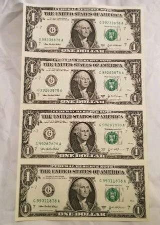 Uncut Sheet Of 4 2003a One Dollars (4 X $1) Us Currency Notes