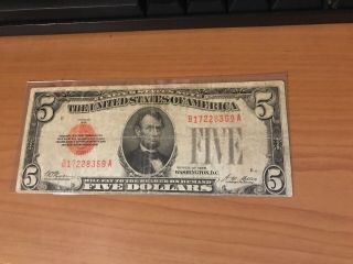 1928 Five Dollar Bill Red Seal Note " C35539465a " In Cover