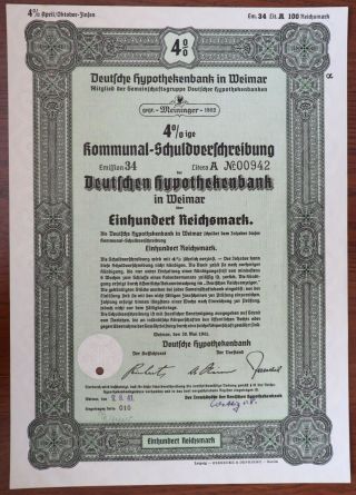 100 Reichsmark 1941 Treasury Bond Of Germany - Series: 00942