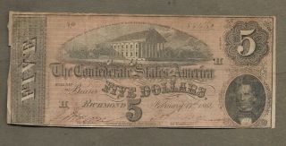 1864 $5 Confederate States Of America Richmond