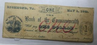 Bank Of The Commonwealth Richmond Va $1 One Dollar Obsolete Currency Va1960 - 05