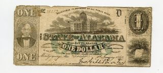 1863 State Of Alabama Civil War Treasury Note $1 Face Value