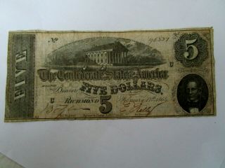 1864 Confederate States Of America 5 Dollar Bill Richmond Currency