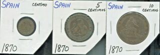 Spain - Three Great Historical 1870 Coins,  1,  5,  And 10 Centimos