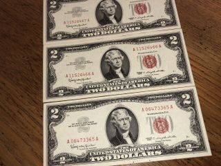 1963 Two Dollar Bills Three In Sequence.  All Crisp And In