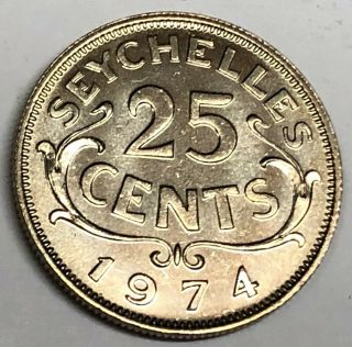 C9360 Seychelles Coin,  25 Cents 1974 Unc.