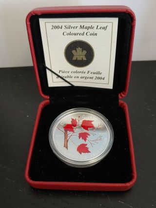 2004 Canada $5 Colorized Maple Leaf 1oz Fine Silver.  9999 Coin W/ Box &