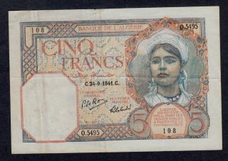 Algeria 5 Francs 1941 Pick 77b Vf.