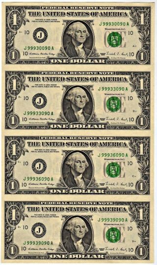 Uncut Federal Reserve Note $1.  00 Sheet Of 4: Series 1988