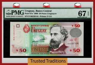 Tt Pk 87a 2008 Uruguay 50 Pesos Uruguayos " J.  Varela " Pmg 67 Epq Gem Unc