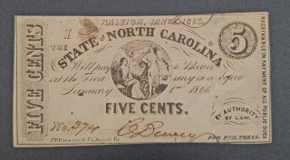 1863 Raleigh North Carolina 5 Cents Bank Note Currency Confederate Civil War