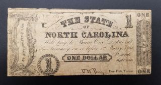 1862 Raleigh North Carolina 1 Dollar Bank Note Currency Civil War Confederate M
