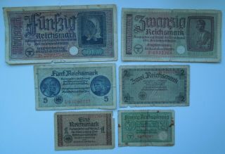 Germany 0,  50;1,  2,  5,  20,  50 Reichsmark Ww2 1940 - 45 (6 Banknoten),