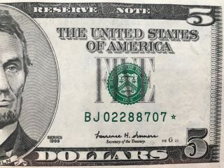 Wow 1999 $5 Star Note Five Dollar Bill (kansas City “ J “) Uncirculated