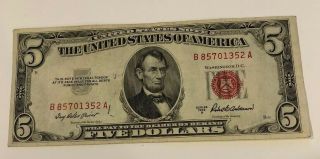1953 Five Dollar Bill • Lightly Circulated Red Seal Note • B85701352a