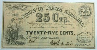 1863 The State Of North Carolina 25 Cent Note.