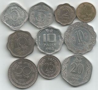 India Unc/xf Set Of 10 Coins,  1,  2,  3,  5,  10,  10,  10,  20,  25 And 50 Paisa/paise