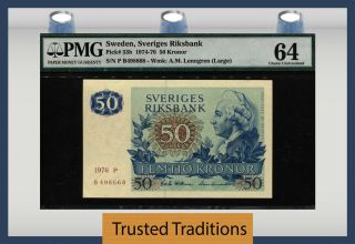 Tt Pk 53b 1974 - 76 Sweden 50 Kronor " King Gustaf Iii " Pmg 64 Choice Uncirculated