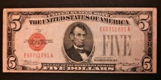 $5 1928 C United States Note Bill Five Dollar Red Seal