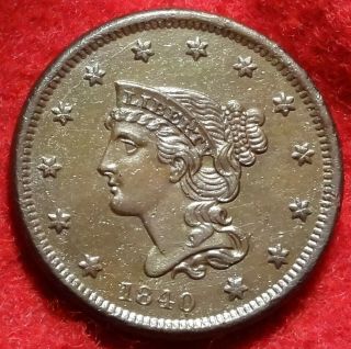 1840 1c Braided Hair Large Cent N - 3 Gem Toning Early Copper