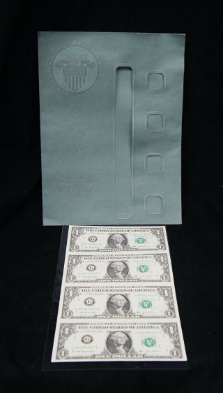 2003a $1 Us Federal Reserve Note Uncut Sheet Of 4 Uncirculated A9479
