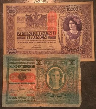 Austria - Hungary 10000,  100 Kronen 1912 & 1918