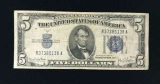1934 D $5 Five Dollar Silver Certificate Blue Seal Currency Note R37385138a