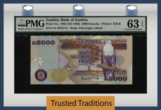 Tt Pk 41a 1992 Zambia Bank Of Zambia 5000 Kwacha " Fish Eagle " Pmg 63q Choice Unc