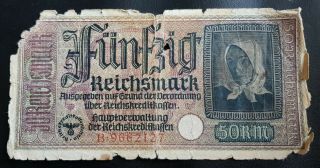 Nazi Germany 3rd Reich 50 Reichsmark Banknote,  G,  B9662127,  Ww2