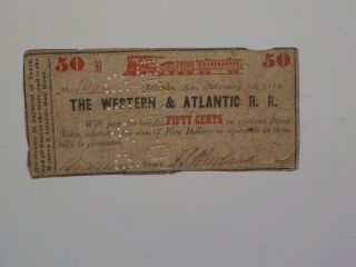 Civil War Confederate 1862 50 Cents Note Western & Atlantic Railroad Paper Money