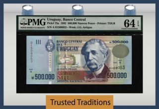 Tt Pk 73a 1992 Uruguay 500000 Nuevos Pesos " A.  Acevedo " Pmg 64 Epq Choice Unc