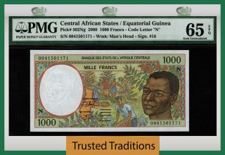 Tt Pk 502ng 2000 Central African States / Equatorial Guinea 1000 Francs Pmg 65q