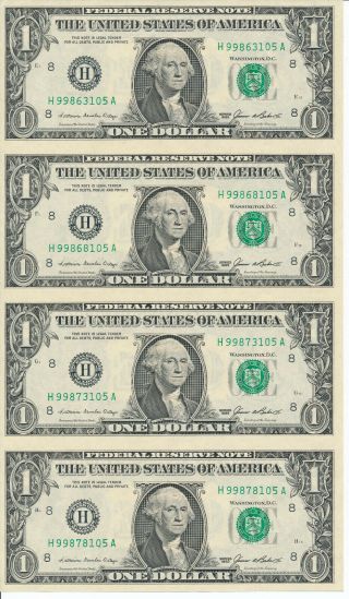 Uncut Sheet Of (4) 1985 $1 Federal Reserve Notes With Display Folder Unc