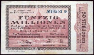 Meissen 1923 50 Million Mark Inflation Notgeld German Banknote