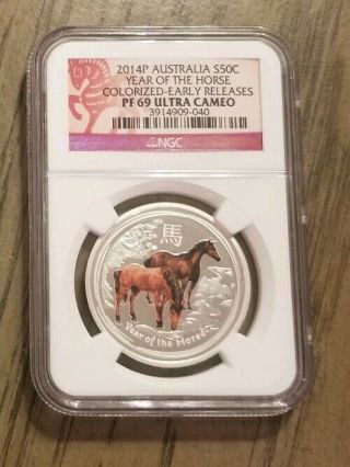 2014 Australia Lunar Year Of The Horse 50c Ngc Pf 69 U/c 1/2 Oz Silver Coin.