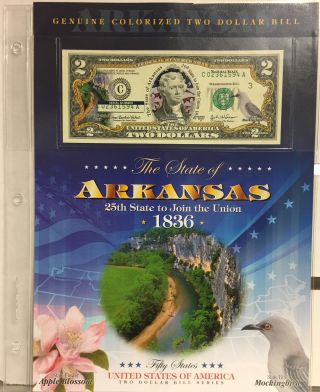 2003 A $2 Two - Dollar Bill Federal Reserve Note Arkansas Statehood Colorized